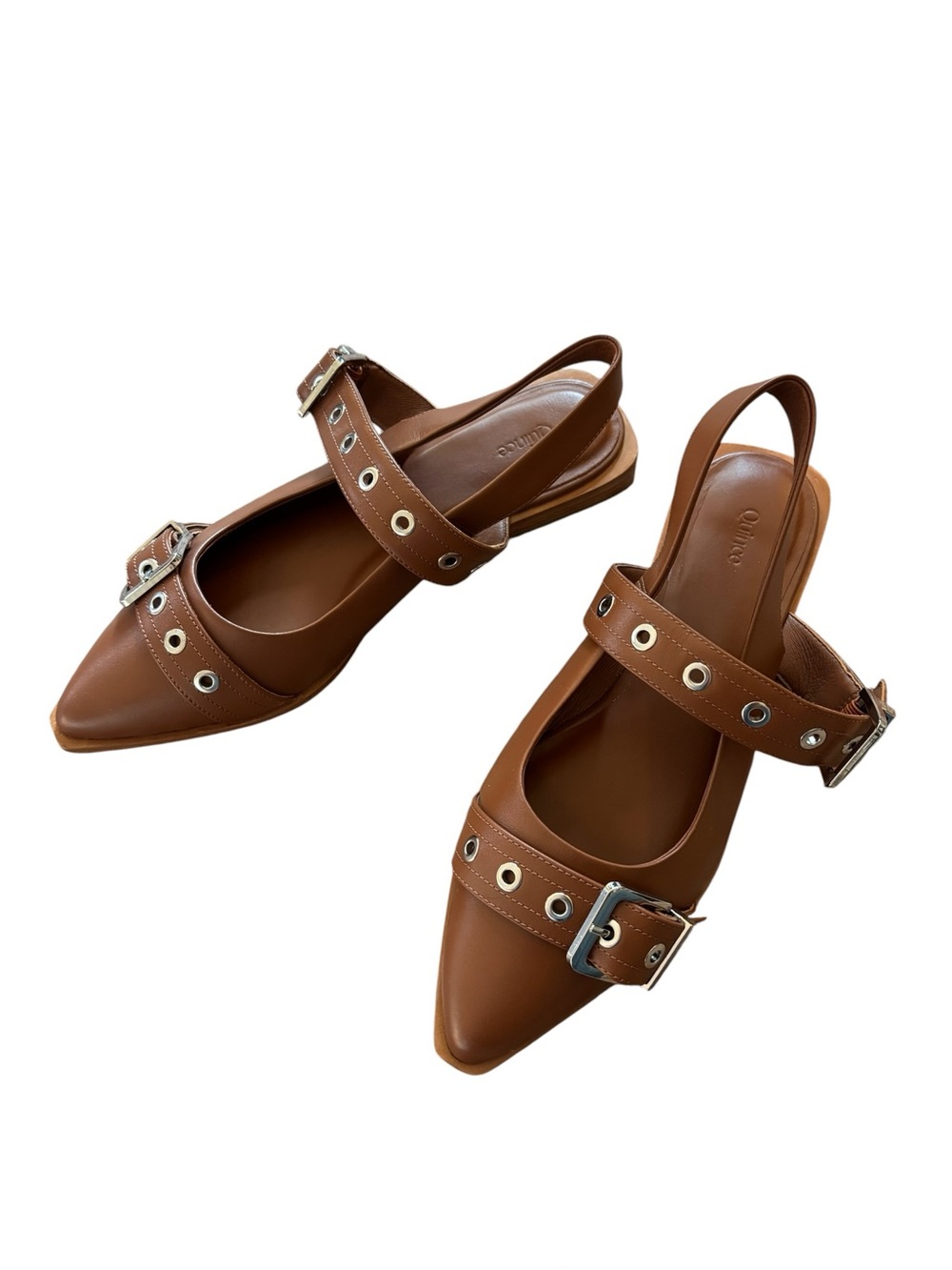 Quince Womens Italian Leather Bold Buckle Slingback Flat Shoes Cognac Size 9